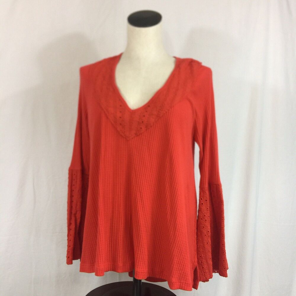 Free People Top Bell Sleeves Orange Eyelet Cotton